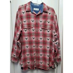 Vintage Orvis Plaid Antler‎ Print Flannel Red Long Sleeve Button Shirt Men's L
